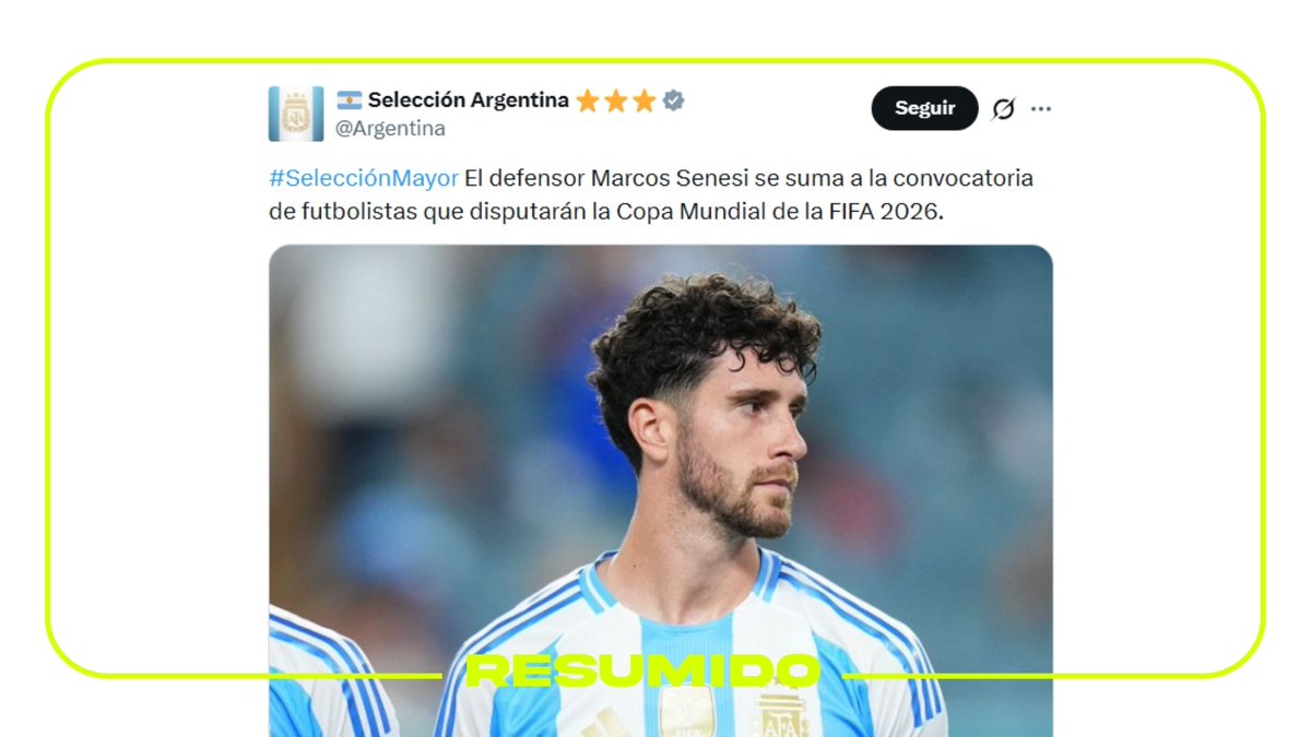 La cuenta oficial de la Selección Argentina confirmó la convocatoria del defensor Marcos Senesi