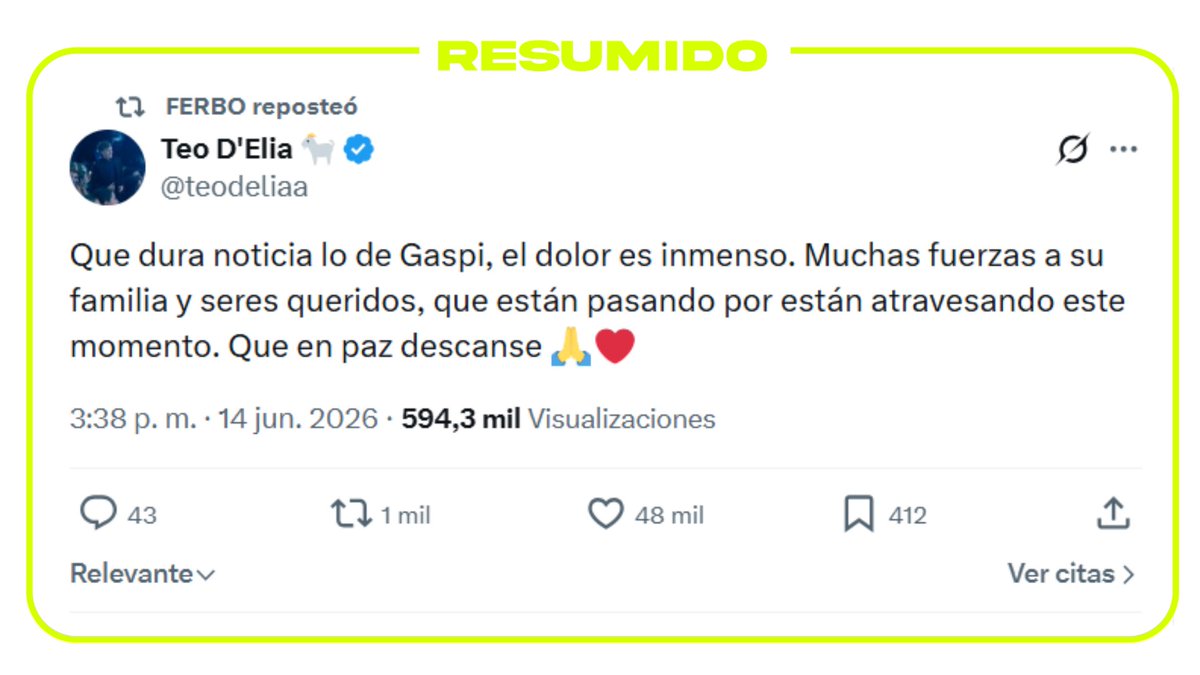Teo D'Elia, streamer de Luzu y 412, también expresó su tristeza por la muerte de Gaspi