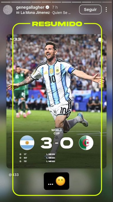 Gene Gallagher, el hijo de Liam, festejó el triunfo de Argentina contra Argelia con este fotón de Messi y un temazo de la Mona Jiménez