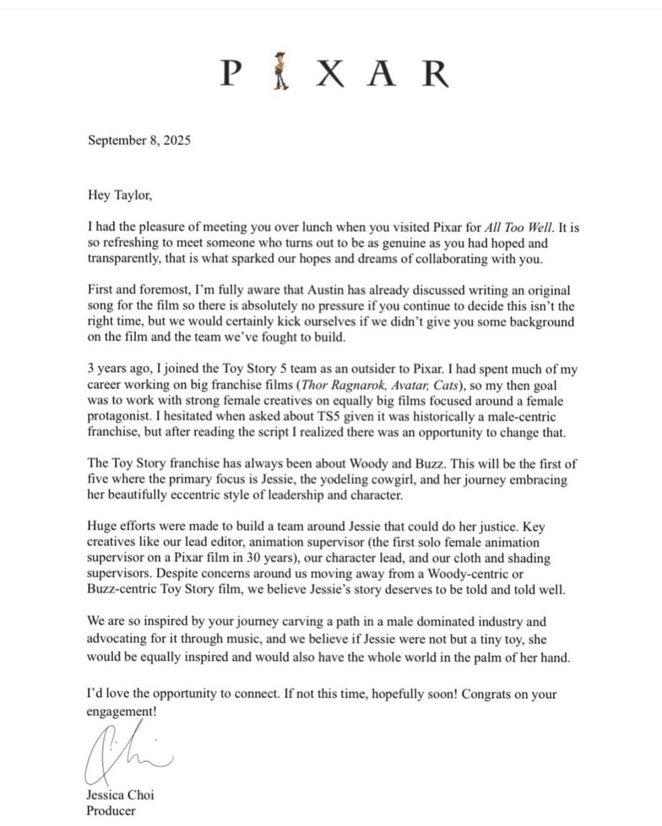 La productora de Toy Story 5 le mandó una carta a Taylor Swift para que sea la voz de Jessie
"Creemos que si Jessie no fuera un pequeño juguete, sería Taylor Swift"
