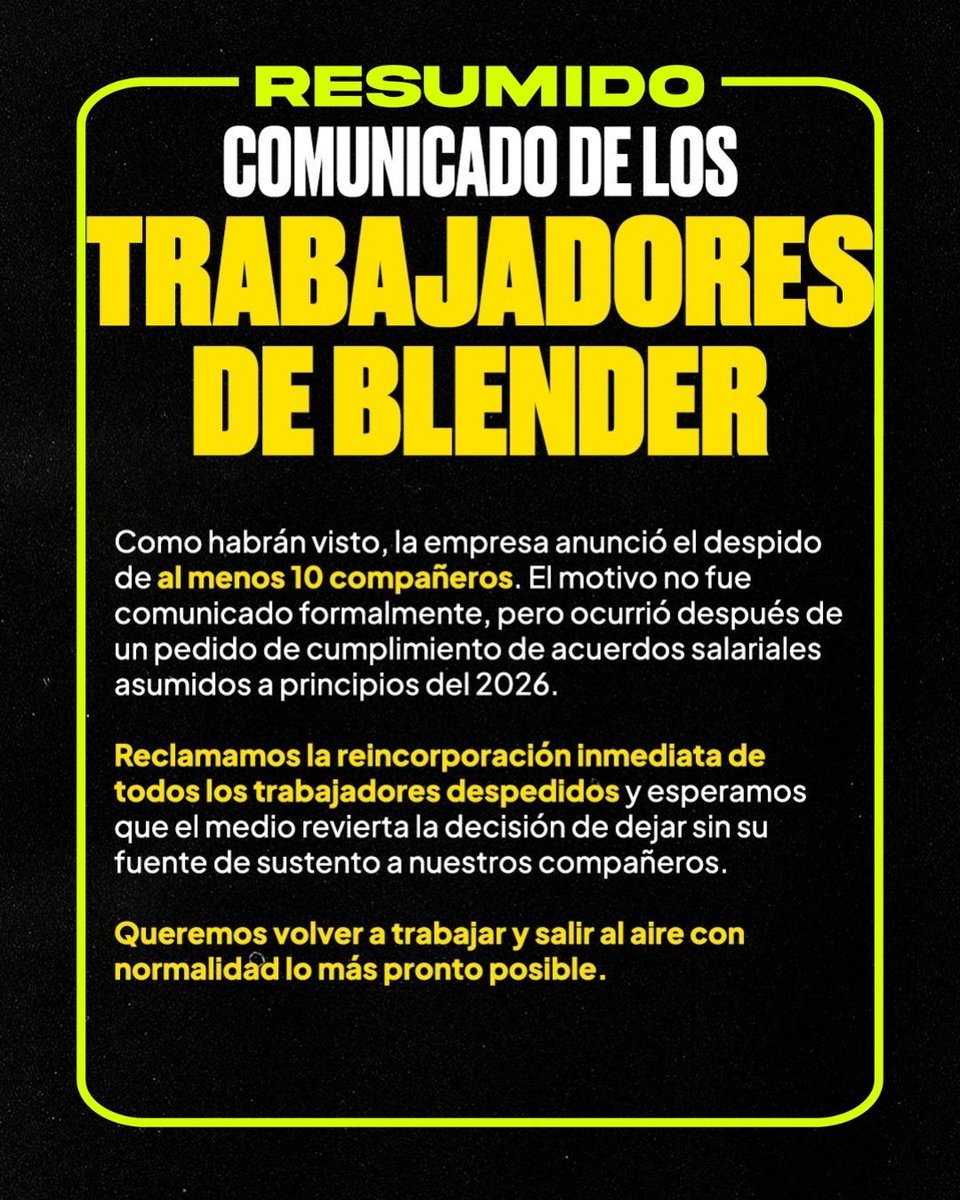 COMUNICADO DE LOS TRABAJADORES DE BLENDER TRAS LOS DESPIDOS