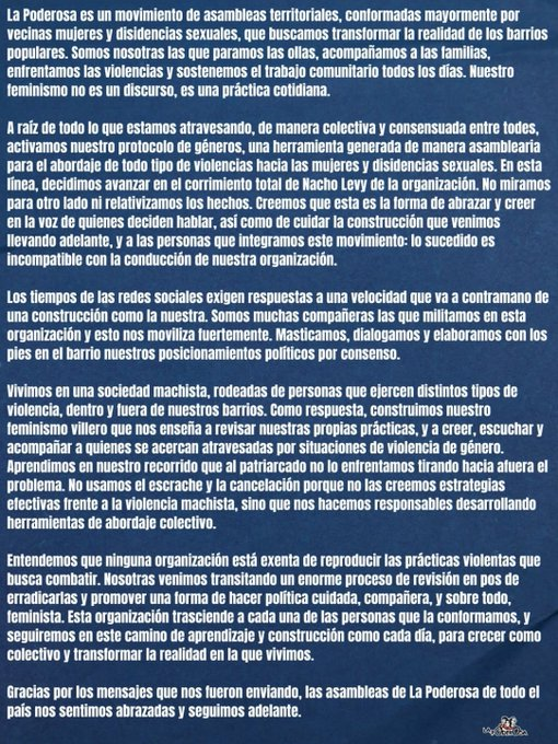 “Decidimos avanzar en el corrimiento total de Nacho Levy de la organización. No miramos para otro lado ni relativizamos los hechos”

La Garganta Poderosa decidió apartar a Nacho Levy a raíz de las acu