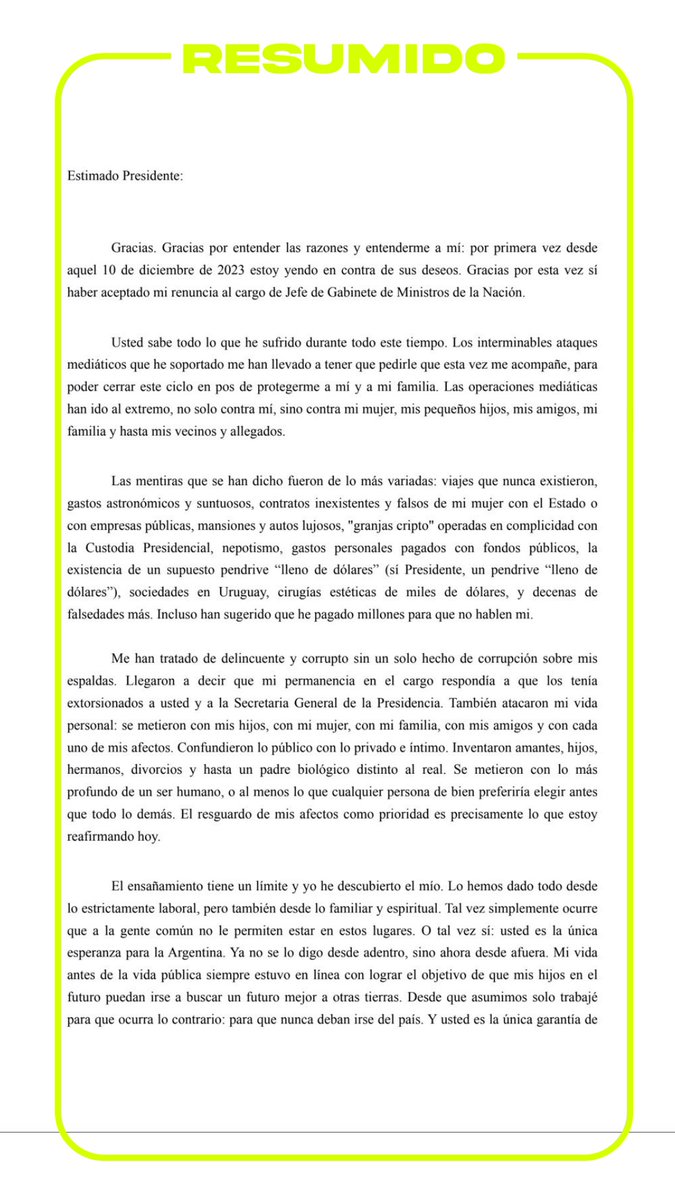 Manuel Adorni renunció a la jefatura de Gabinete