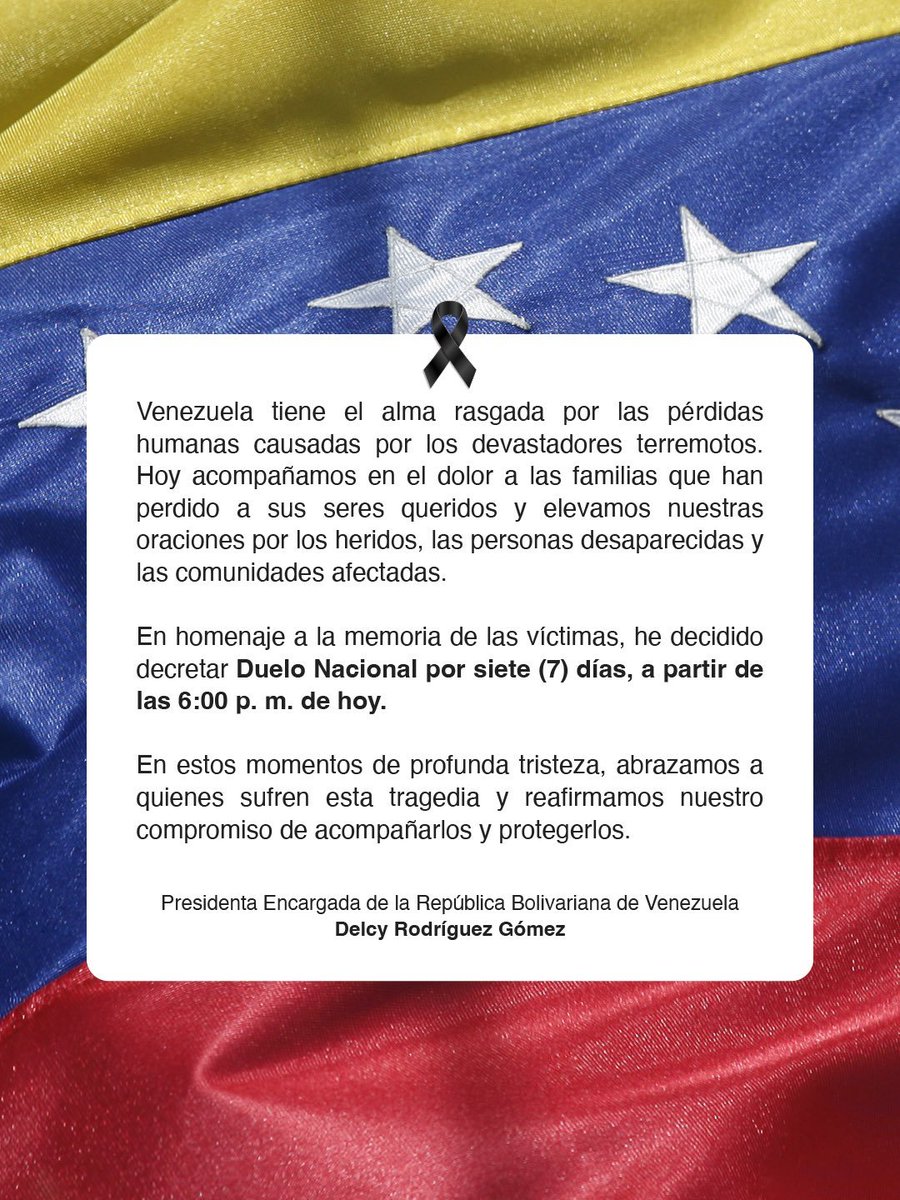 Delcy Rodríguez decretó siete días de Duelo Nacional por las victimas en los terremotos de Venezuela