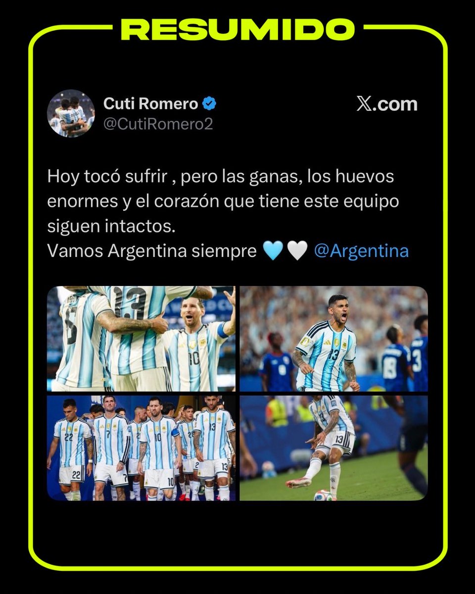 “Hoy tocó sufrir, pero las ganas, los huevos enormes y el corazón que tiene este equipo siguen intactos”

El posteo del Cuti Romero después de clasificar a octavos de final