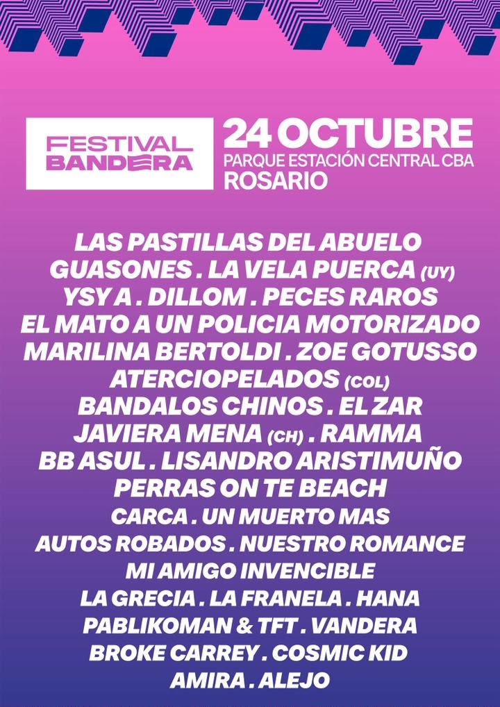 Ya se conoció el line up del Festival Bandera 2026 🇦🇷
🎤 Las Pastillas del Abuelo, Guasones, La Vela Puerca, YSY A, Dillom, Peces Raros, Zoe Gotusso, Bandalos Chinos, El Zar, y muchos más
🗓️ 24 de oc
