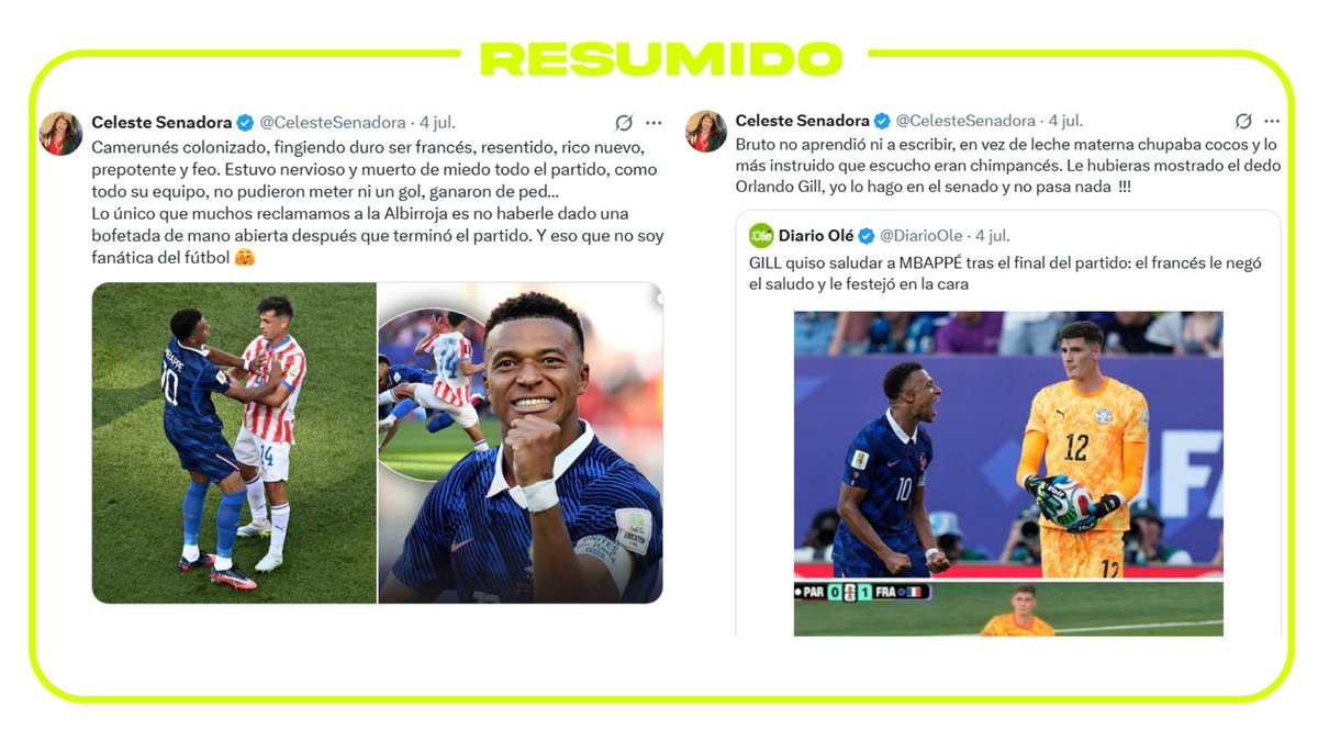 “Camerunés colonizado fingiendo ser francés”
🗣️La senadora paraguaya Celeste Amarilla twitteo contra Mbappé tras la derrota de Paraguay