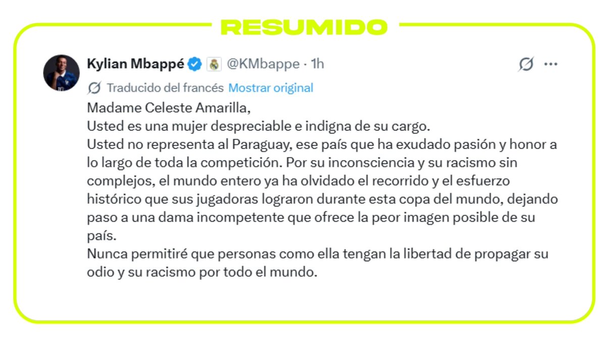 “Usted es una mujer despreciable e indigna de su cargo. Por su inconsciencia y su racismo sin complejos, el mundo entero ya ha olvidado el recorrido y el esfuerzo histórico que sus jugadoras lograron