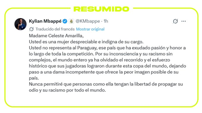 “Usted es una mujer despreciable e indigna de su cargo. Por su inconsciencia y su racismo sin complejos, el mundo entero ya ha olvidado el recorrido y el esfuerzo histórico que sus jugadoras lograron