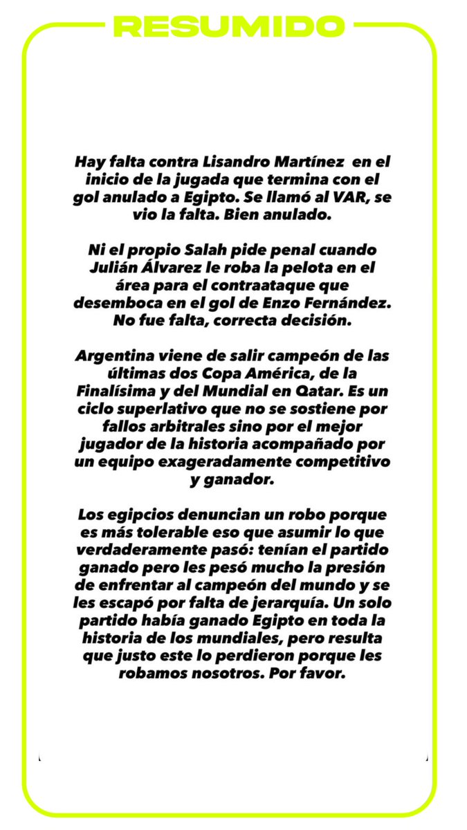 "Los egipcios denuncian un robo porque es más tolerable eso que asumir lo que verdaderamente pasó"
El posteo de Pedro Rosemblat tras los cuestionamientos por el triunfo de Argentina