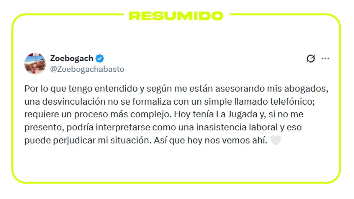 "Una desvinculación no se formaliza con un simple llamado telefónico"

Zoe Bogach dijo que se está asesorando con abogados tras su desvinculación de Streams Telefe