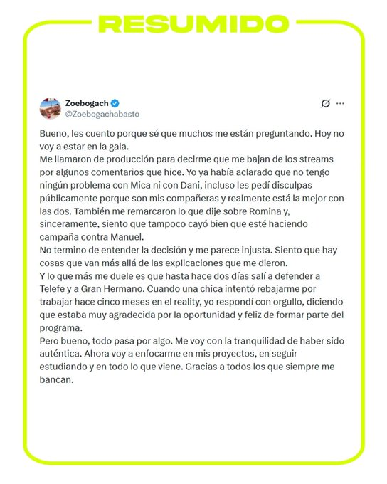 "Siento que hay cosas que van más allá de las explicaciones que me dieron"
Zoe Bogach contó que la desvincularon de los Streams de Telefe