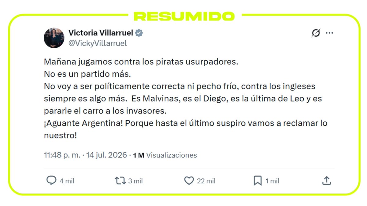 "No voy a ser políticamente correcta ni pecho frío, contra los ingleses siempre es algo más"
El tuit de la vicepresidenta Victoria Villarruel por el partido de Argentina contra Inglaterra