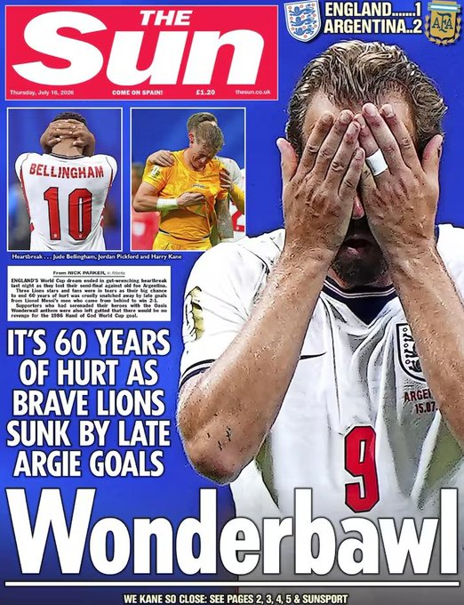 "Wonderbawl"
La portada del diario "The Sun" tras la eliminación de Inglaterra del Mundial