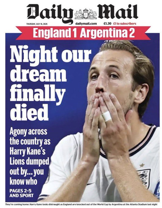 "Sufrimiento en todo el país tras la eliminación de los Leones de Harry Kane a manos de... ya sabes quién"
El diario "Daily Mail" evitó mencionar a la Argentina