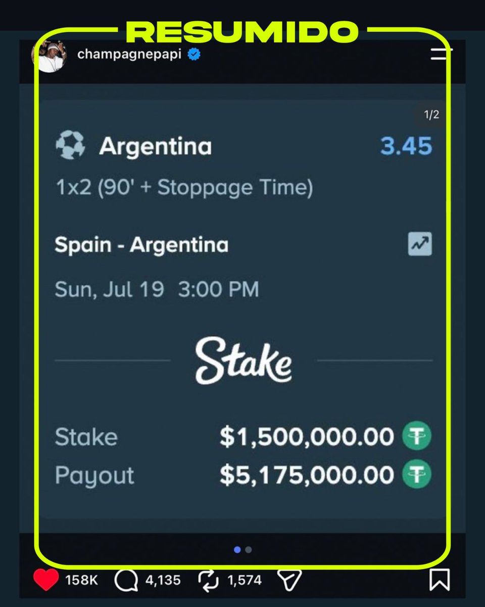 Drake apostó 1.5 millones de dólares por Argentina para la final de mañana, igual que hizo en Qatar👀🇦🇷