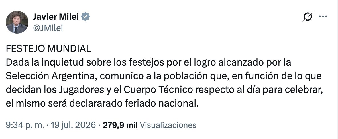 Javier Milei confirmó que el día que la Selección decida para los festejos, será feriado en Argentina