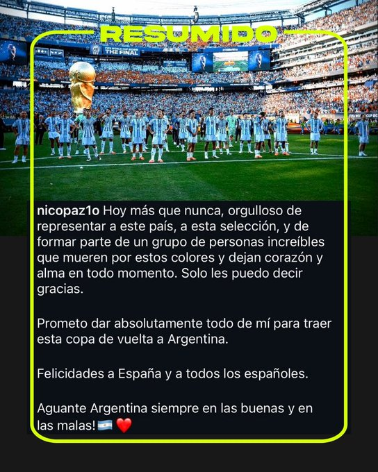 "Prometo dar absolutamente todo de mí para traer esta copa de vuelta a Argentina"

Nico Paz agradeció al equipo y dijo que está "orgulloso de representar" a Argentina