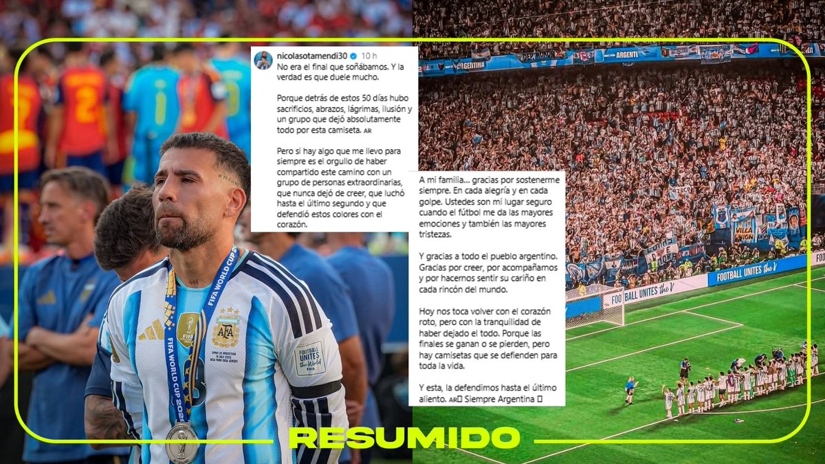 "Porque las finales se ganan o se pierden, pero hay camisetas que se defienden para toda la vida"
El mensaje que publicó Nicolás Otamendi en Instagram