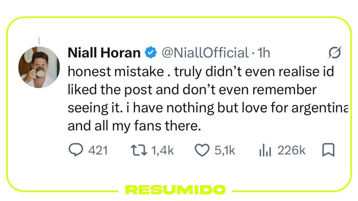 “No tengo más que amor por Argentina y todos mis fans allí”
La respuesta de Niall Horan, ex One Direction, después de recibir críticas por likear un video en contra de Argentina