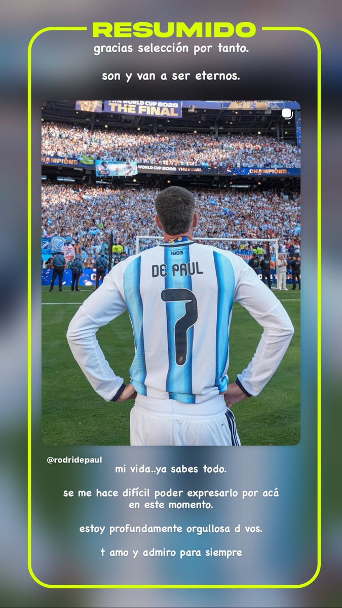 "Estoy profundamente orgullosa de vos. Te amo y admiro para siempre"
La historia que publicó Tini Stoessel dedicada a Rodri De Paul