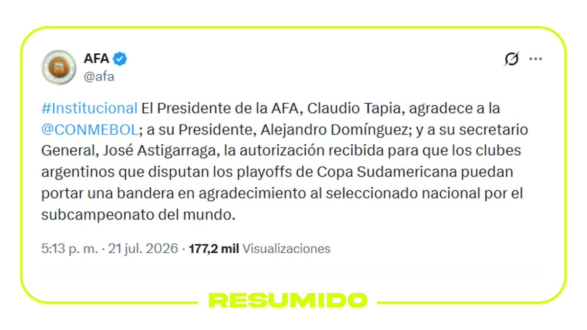 La Conmebol, a pedido de la AFA, autorizó que Boca, Lanús y Tigre lleven una bandera en homenaje a la Selección en los próximos partidos de la Copa Sudamericana