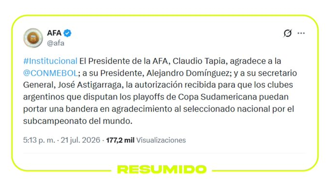 La Conmebol, a pedido de la AFA, autorizó que Boca, Lanús y Tigre lleven una bandera en homenaje a la Selección en los próximos partidos de la Copa Sudamericana