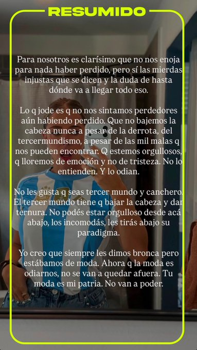 "Lo que jode es que no nos sintamos perdedores aún habiendo perdido"

Nati Jota dijo que "no nos enoja haber perdido, pero sí las mierdas injustas que se dicen" después de la derrota de Argentina cont