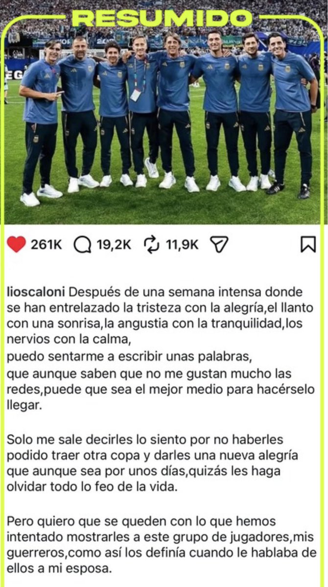 “Solo me sale decirles lo siento por no haberles podido traer otra copa”

Scaloni subió un posteo con un texto sobre el Mundial y agradeció a sus “guerreros” y el cuerpo técnico🇦🇷❤️