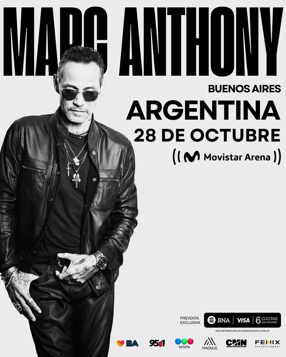 MARC ANTHONY VUELVE A LA ARGENTINA: 28 DE OCTUBRE - MOVISTAR ARENA
La preventa arranca el lunes 3/08 a las 16hs con Banco Nación Visa en 6 cuotas sin interés
Venta general una vez finalizada la pr