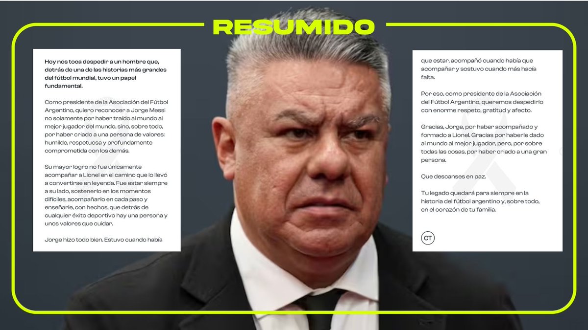 Chiqui Tapia compartió una carta tras la muerte de Jorge Messi y destacó que su legado "quedará para siempre en el fútbol argentino"