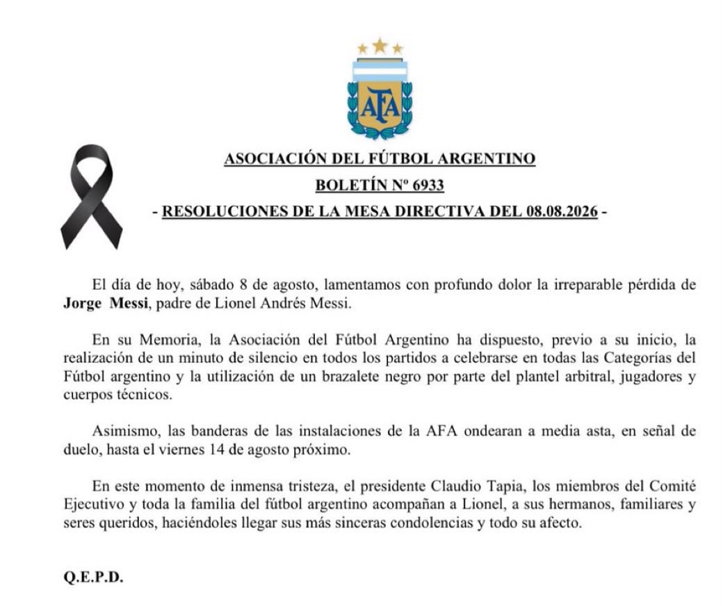 La AFA anunció que habrá un minuto de silencio en los partidos del fútbol argentino por la muerte del papá de Messi