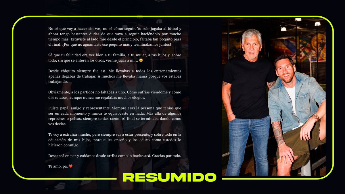 "Yo sólo jugaba al fútbol y ahora tengo bastantes dudas de que vaya a seguir haciéndolo por mucho tiempo más"
Las palabras de Messi tras la muerte de su papá, Jorge ❤️🩹