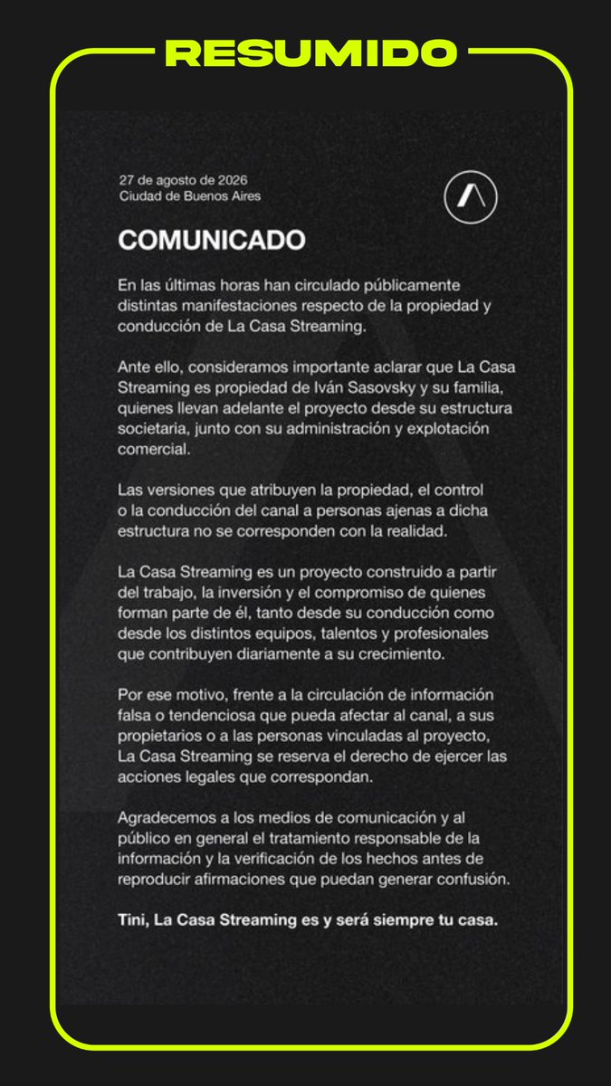 La Casa Streaming subió un comunicado sobre la propiedad del canal