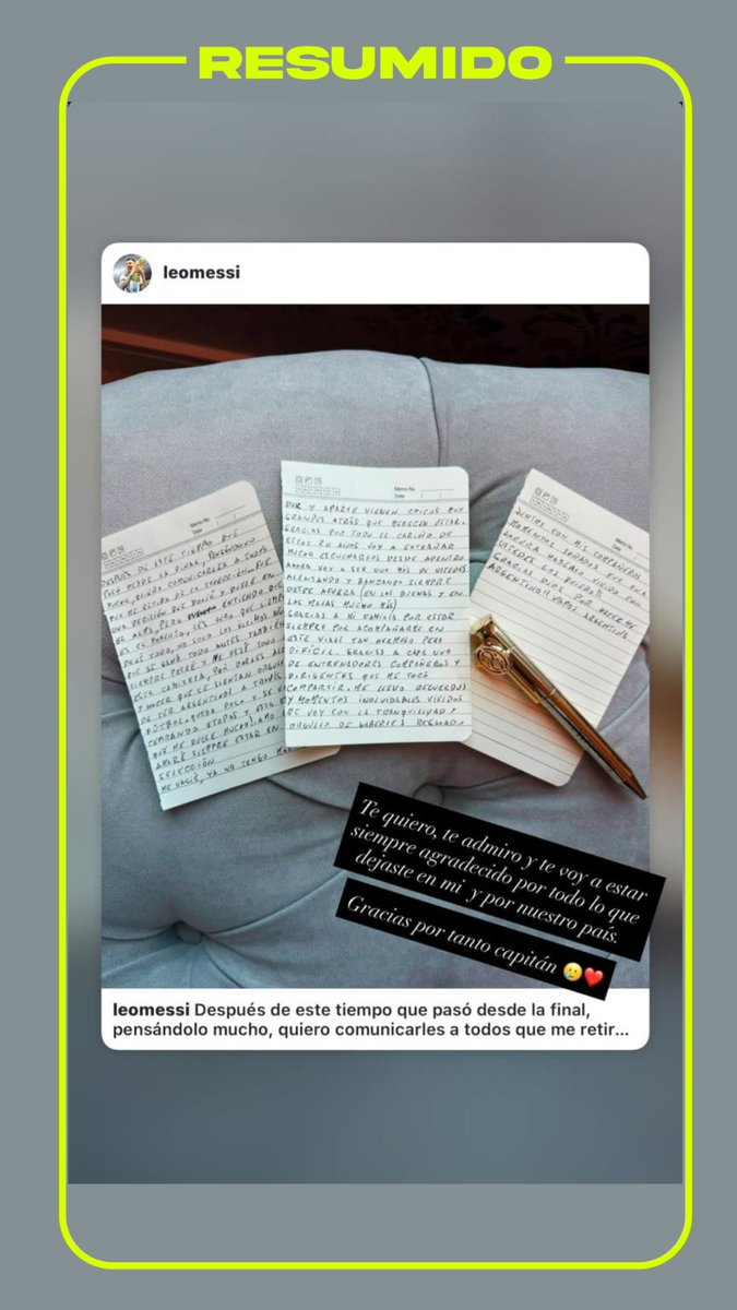 "Te quiero, te admiro, y voy a estar siempre agradecido por todo lo que dejaste en mí y mi país"
La historia que publicó "Cuti" Romero para Messi