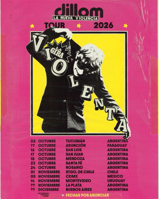 Dillom anunció "La Gira Violenta", el tour oficial de su nuevo álbum La Nueva Violencia.
En octubre recorrerá argentina y en noviembre chile, méxico y uruguay