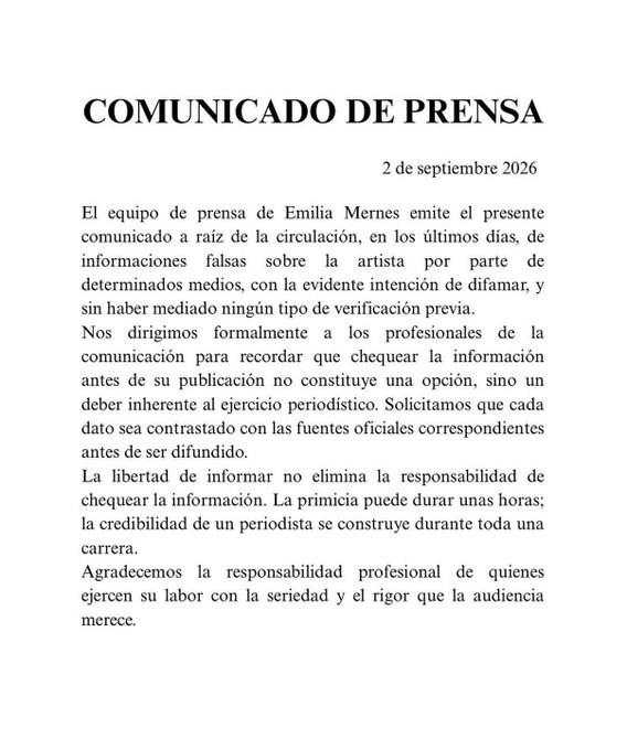 El equipo de prensa de Emilia Mernes lanzó un comunicado sobre las fakenews que circulan 

Sostuvieron que "la libertad de informar no elimina que los medios deban chequear"