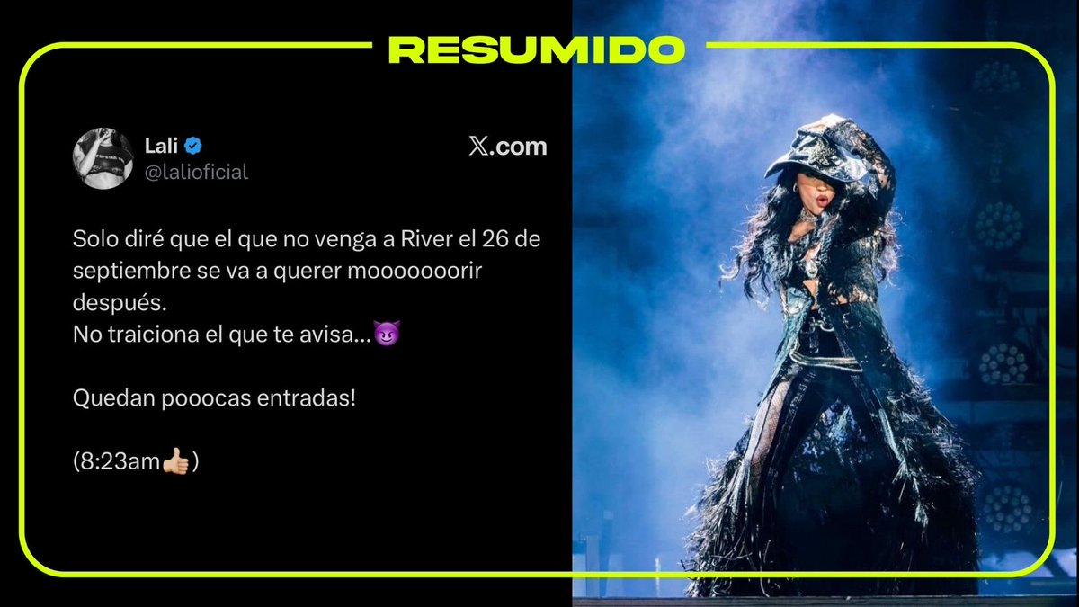 “El que no venga a River se va a querer morir”

Lali avisó a sus fans que quedan muy pocas entradas para su show en el Monumental el 26 de septiembre