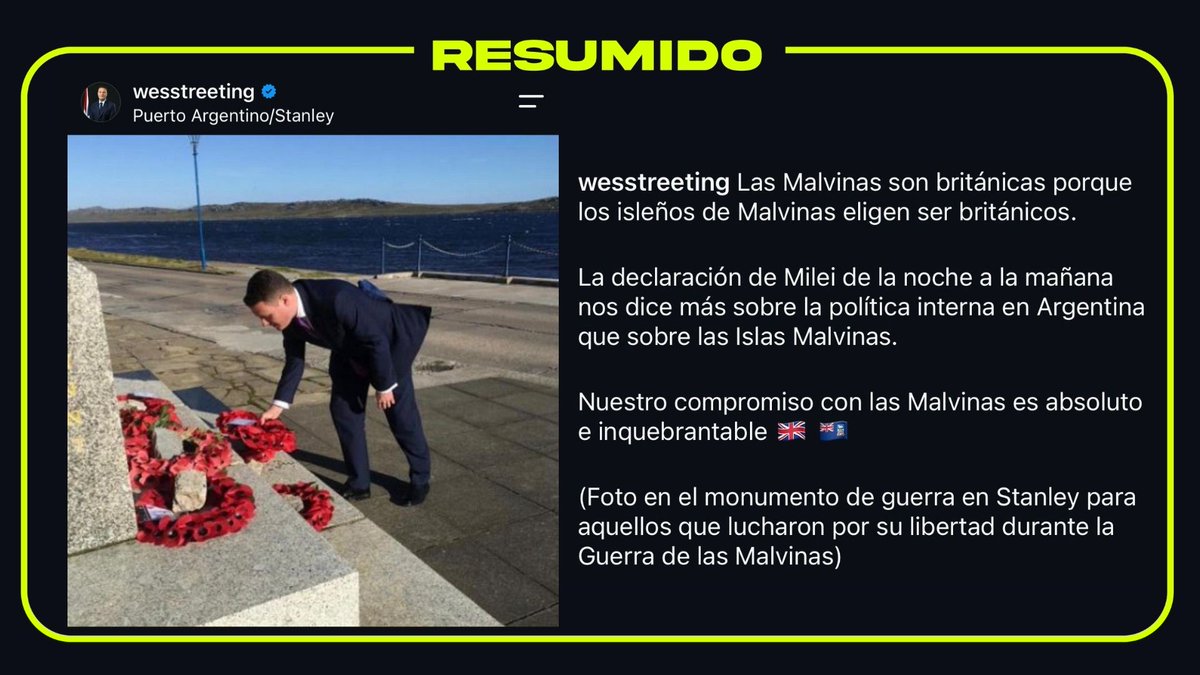 "La declaración de Milei nos dice más sobre la política interna en Argentina que sobre las Islas Malvinas" 

El ministro de Defensa del Reino Unido, Wes Streeting, afirmó que las Islas Malvinas “son b