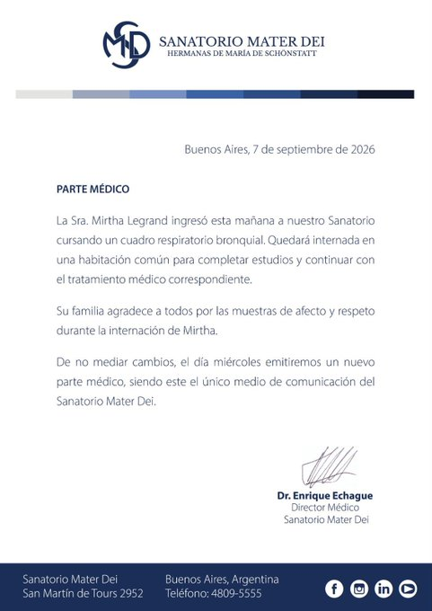 El Sanatorio Mater Dei comunicó el parte médico sobre el estado de salud de Mirtha Legrand