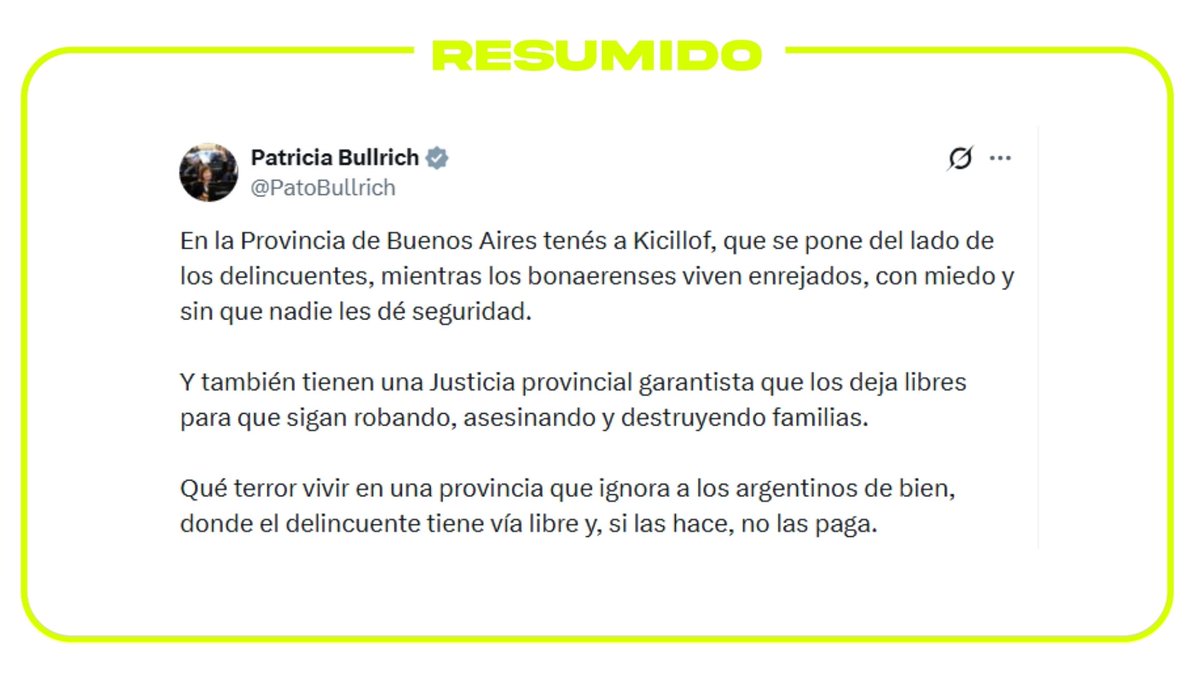 Ante la suspensión del nuevo Régimen Penal Juvenil en la Provincia de Buenos Aires, Patricia Bullrich cruzó a Kicillof: lo acusó de "ponerse del lado de los delincuentes" y habló de una Justicia provi