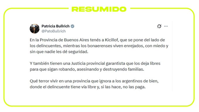Ante la suspensión del nuevo Régimen Penal Juvenil en la Provincia de Buenos Aires, Patricia Bullrich cruzó a Kicillof: lo acusó de "ponerse del lado de los delincuentes" y habló de una Justicia provi