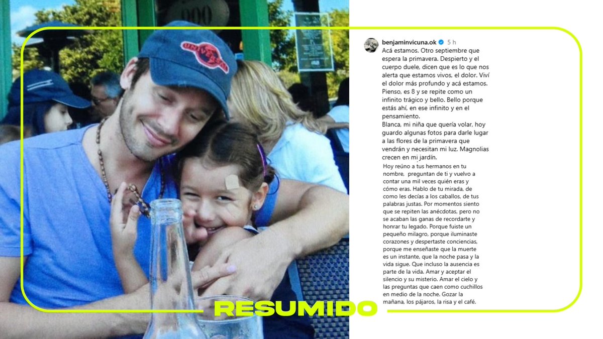 "Otro septiembre que espera la primavera"

A 14 años de la muerte de Blanca, Benjamín Vicuña escribió unas palabras para su hija en Instagram