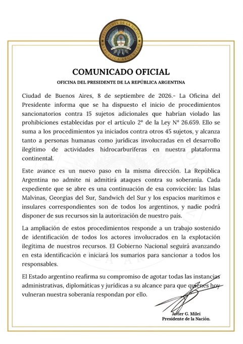 El Gobierno avanza con sanciones contra personas y empresas por explotar ilegalmente recursos en la plataforma continental.

Inició sanciones contra 15 sujetos más por actividades ilegítimas. Ya son 4