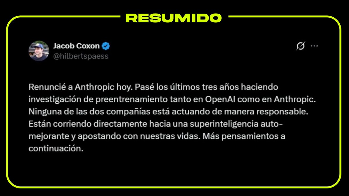 Un jefe de seguridad de Anthropic acaba de admitir que hay más de un 10% de probabilidad de que la IA "mate a todos los humanos"
El investigador que se lo dijo renunció el martes acusando a OpenAI y