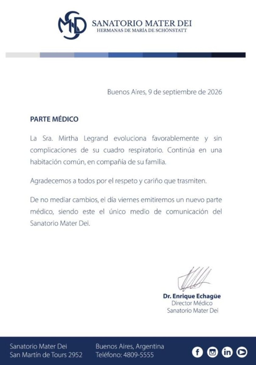 "Evoluciona favorablemente y sin complicaciones de su cuadro respiratorio”
El Sanatorio Mater Dei lanzó un nuevo parte medico de Mirtha Legrand