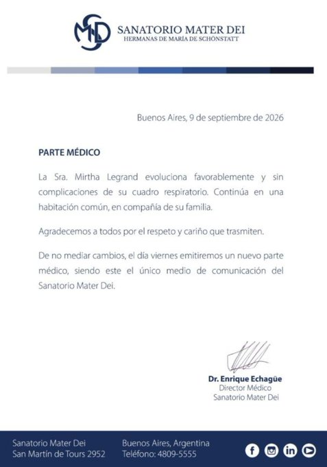 "Evoluciona favorablemente y sin complicaciones de su cuadro respiratorio”
El Sanatorio Mater Dei lanzó un nuevo parte medico de Mirtha Legrand