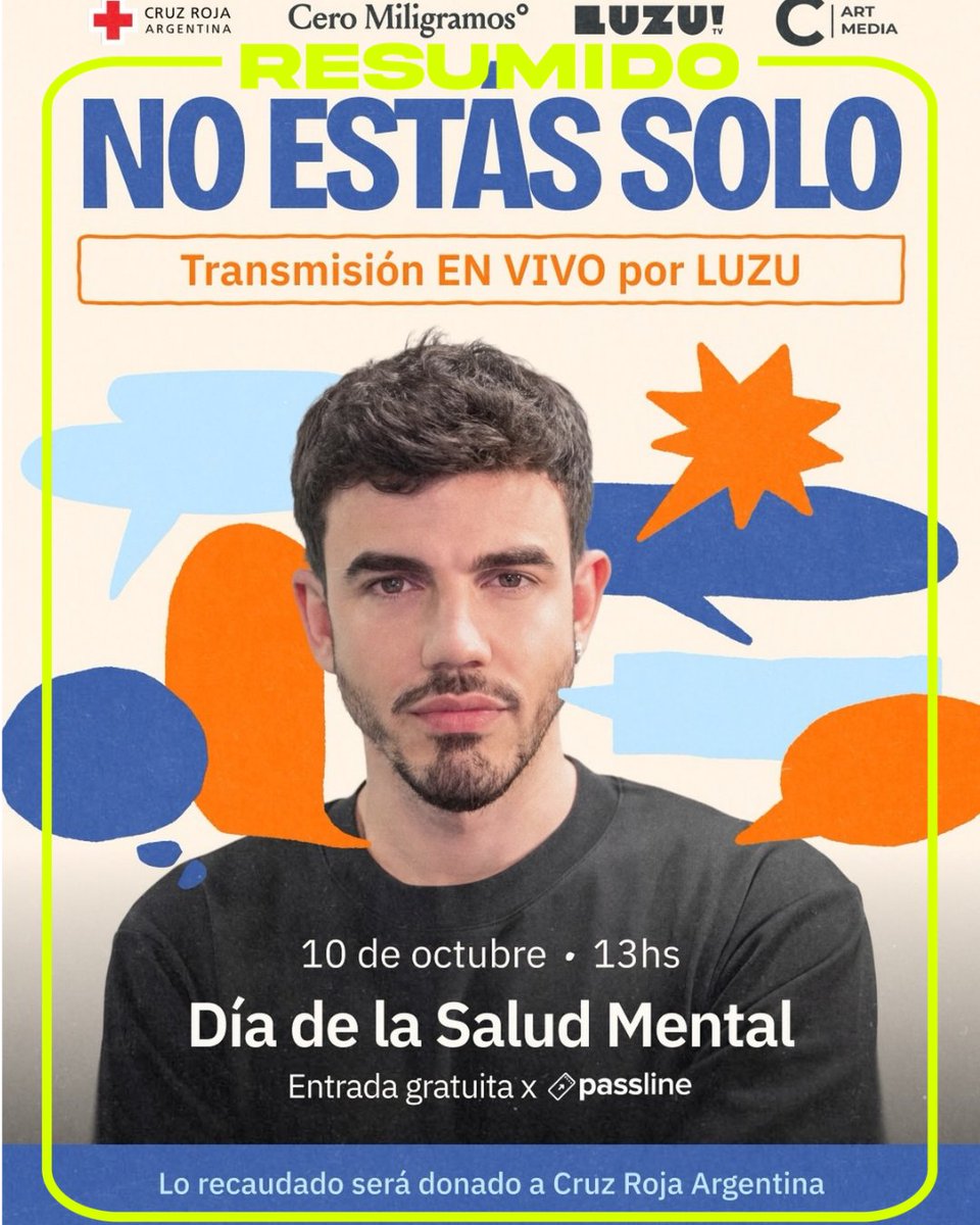 Hoy se conmemora el Día de la Salud Mental
Luzu y Cero Miligramos harán una tranmisión especial desde las 13hs llamado "No estás solo" en C Art Media
Lo recaudado será donado a la Cruz Roja