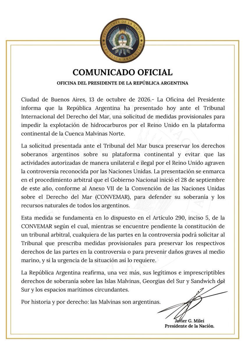 El Gobierno pidió frenar la explotación petrolera británica en Malvinas 🇦🇷

El Gobierno confirmó que presentó un pedido ante el Tribunal Internacional del Derecho del Mar para suspender las operacione