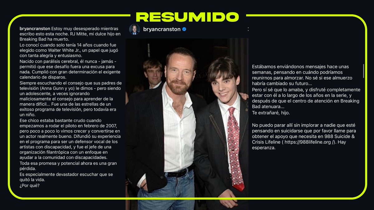 “Te voy a extrañar, hijo” 💔

Bryan Cranston despidió con una carta a RJ Mitte, su hijo en Breaking Bad, tras su muerte a los 34 años. El actor recordó su vínculo y expresó el dolor por su pérdida